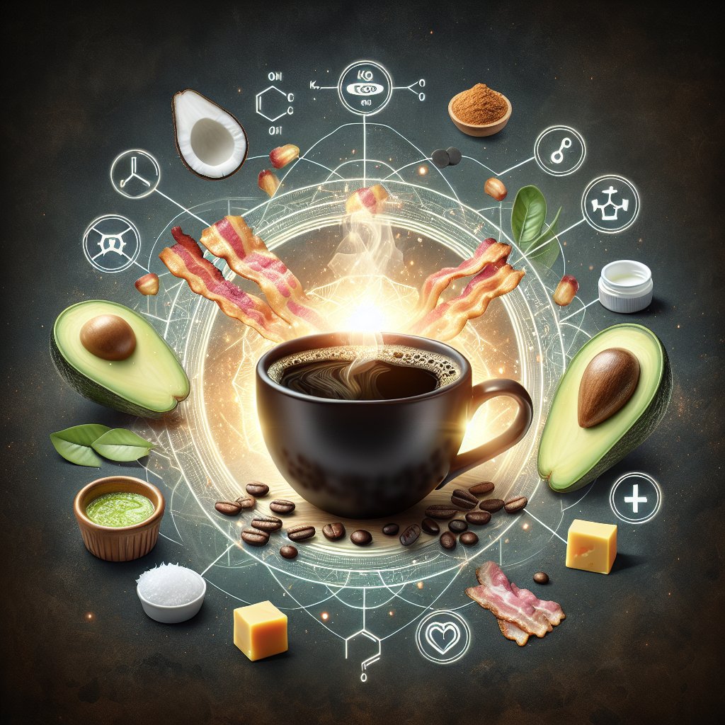 Steaming cup of black coffee surrounded by ketosis-themed elements like avocado, coconut oil, and bacon, with visual cues of ketones and fat molecules emanating from the coffee, exuding energy and vitality.