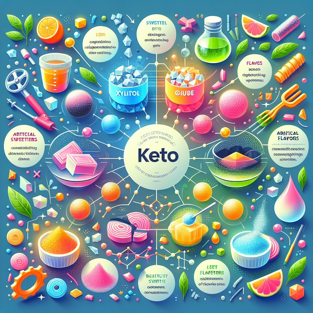 Colorful array of keto-friendly sugar-free gum ingredients including xylitol, gum base, natural flavors, and artificial sweeteners