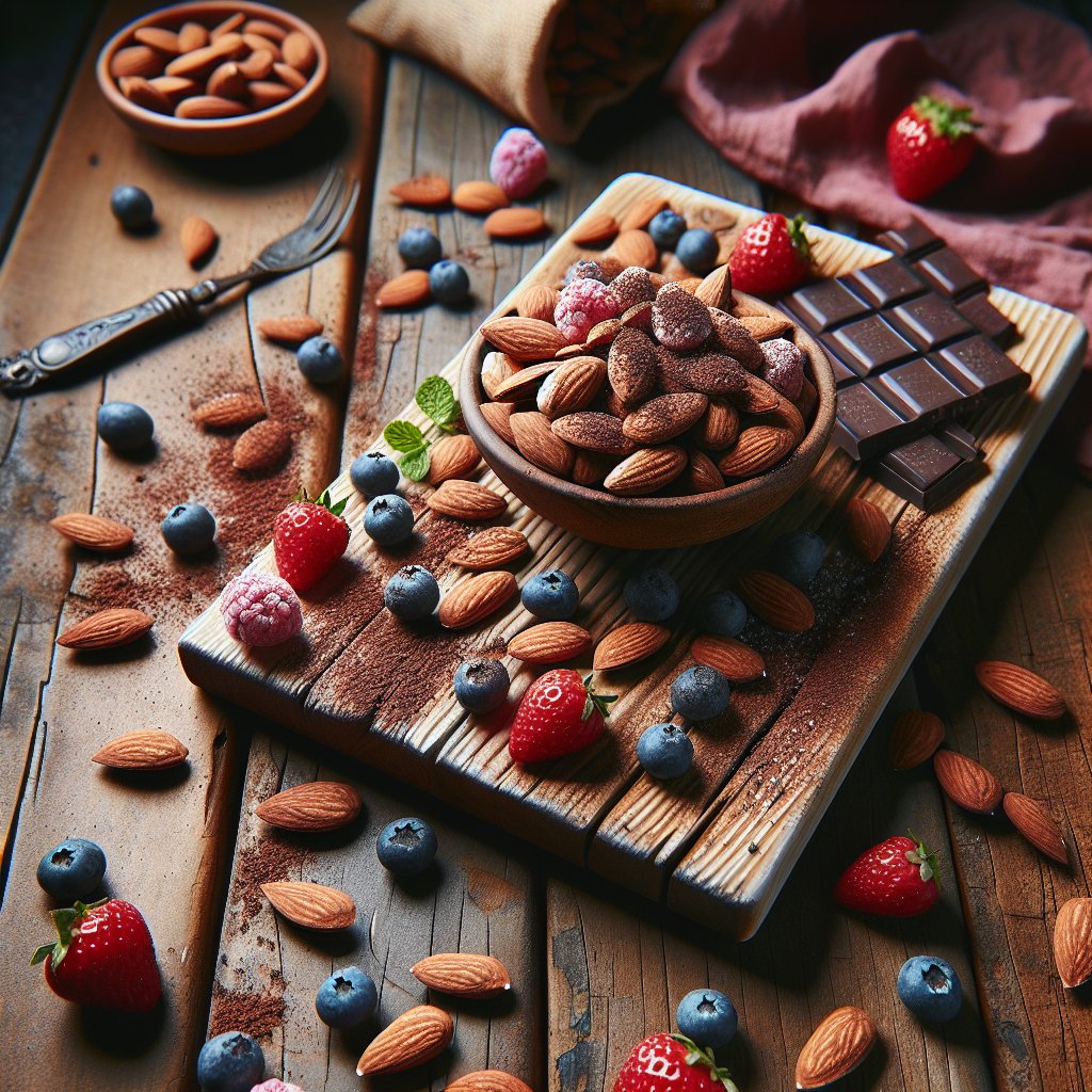 A vibrant and enticing snack scene featuring a handful of almonds, fresh berries, and dark chocolate squares on a rustic wooden board, perfect for a keto lifestyle.