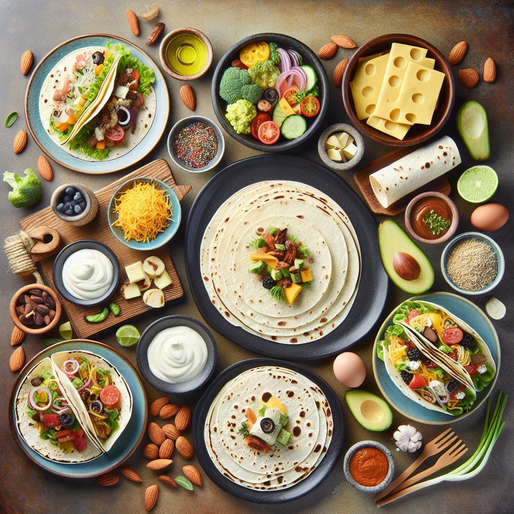 Assorted keto-friendly dishes featuring Siete Almond Flour Tortillas, vibrant fresh ingredients, and indulgent low-carb, high-fat options.