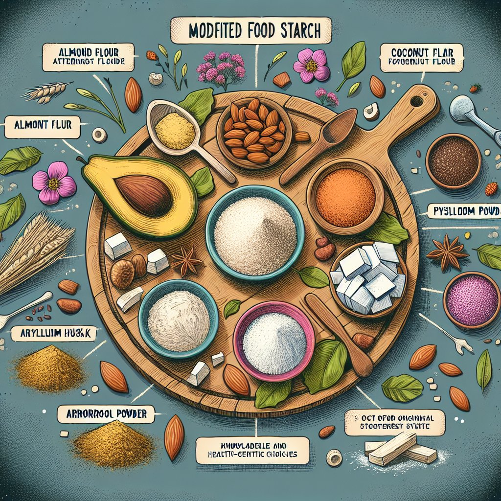 Colorful spread of keto-friendly alternative ingredients including almond flour, coconut flour, psyllium husk, arrowroot powder, and flaxseed meal on a wooden platter