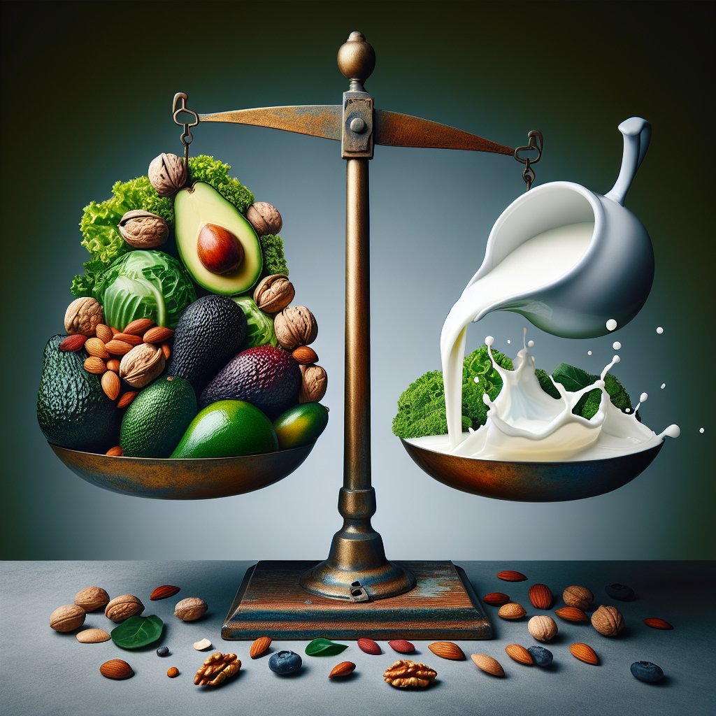 Balanced scale with low-carb foods and a pitcher of milk pouring into a question mark