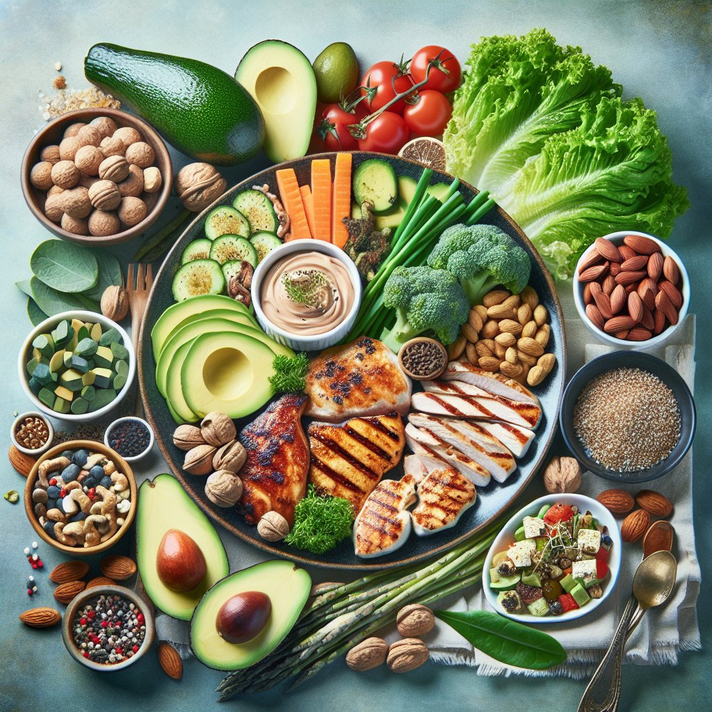 Beautifully arranged Keto-friendly meal with avocados, nuts, seeds, leafy greens, and high-quality protein sources, emphasizing the concept of achieving ketosis.