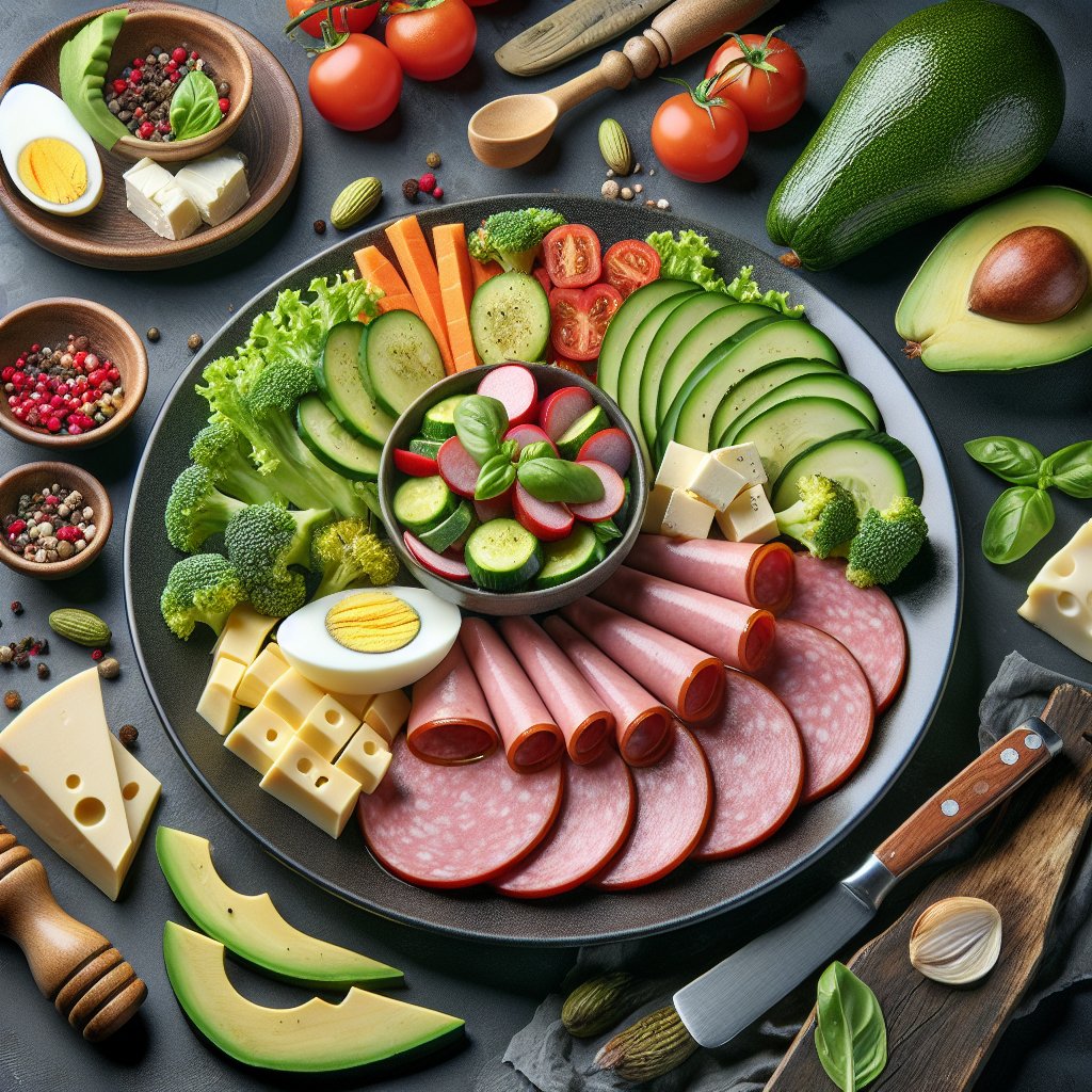 Colorful keto-friendly bologna platter with vibrant vegetables and low-carb ingredients