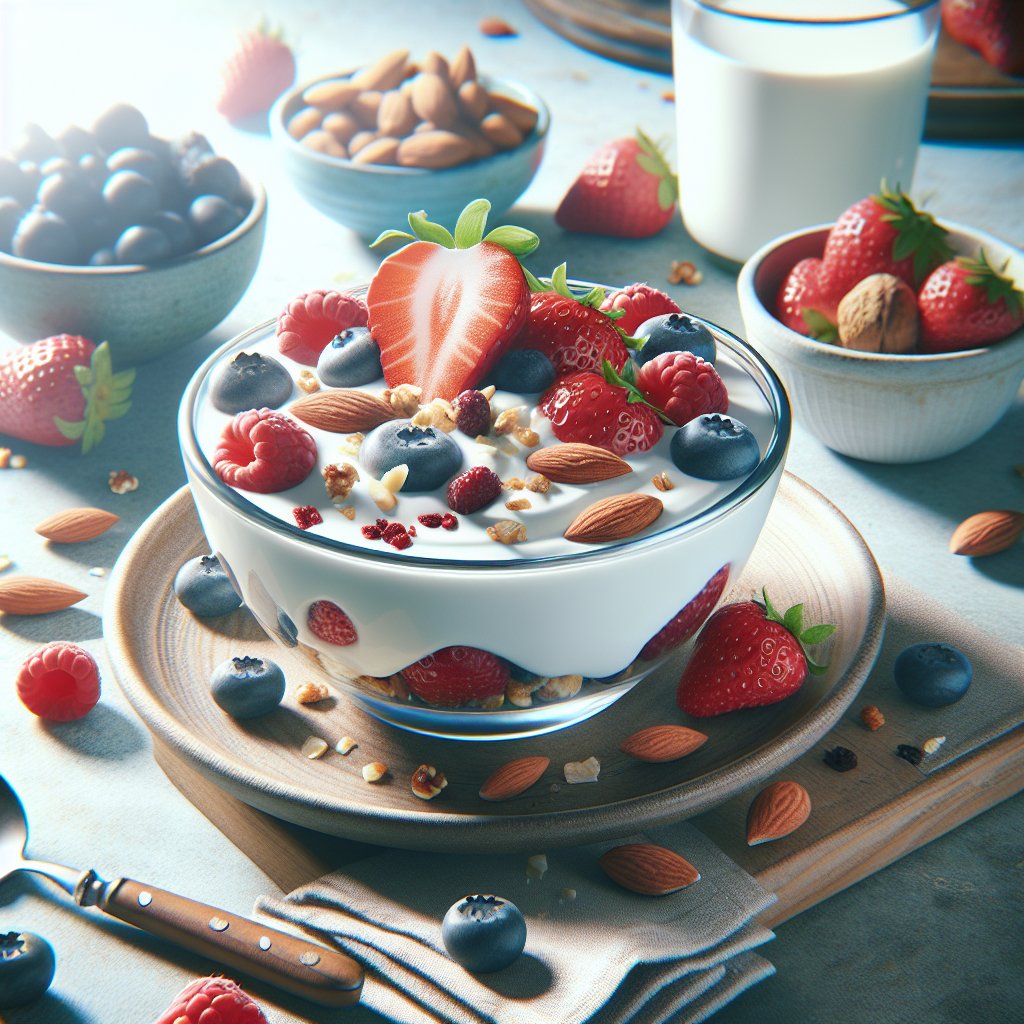 Creamy yogurt topped with fresh berries and nuts
