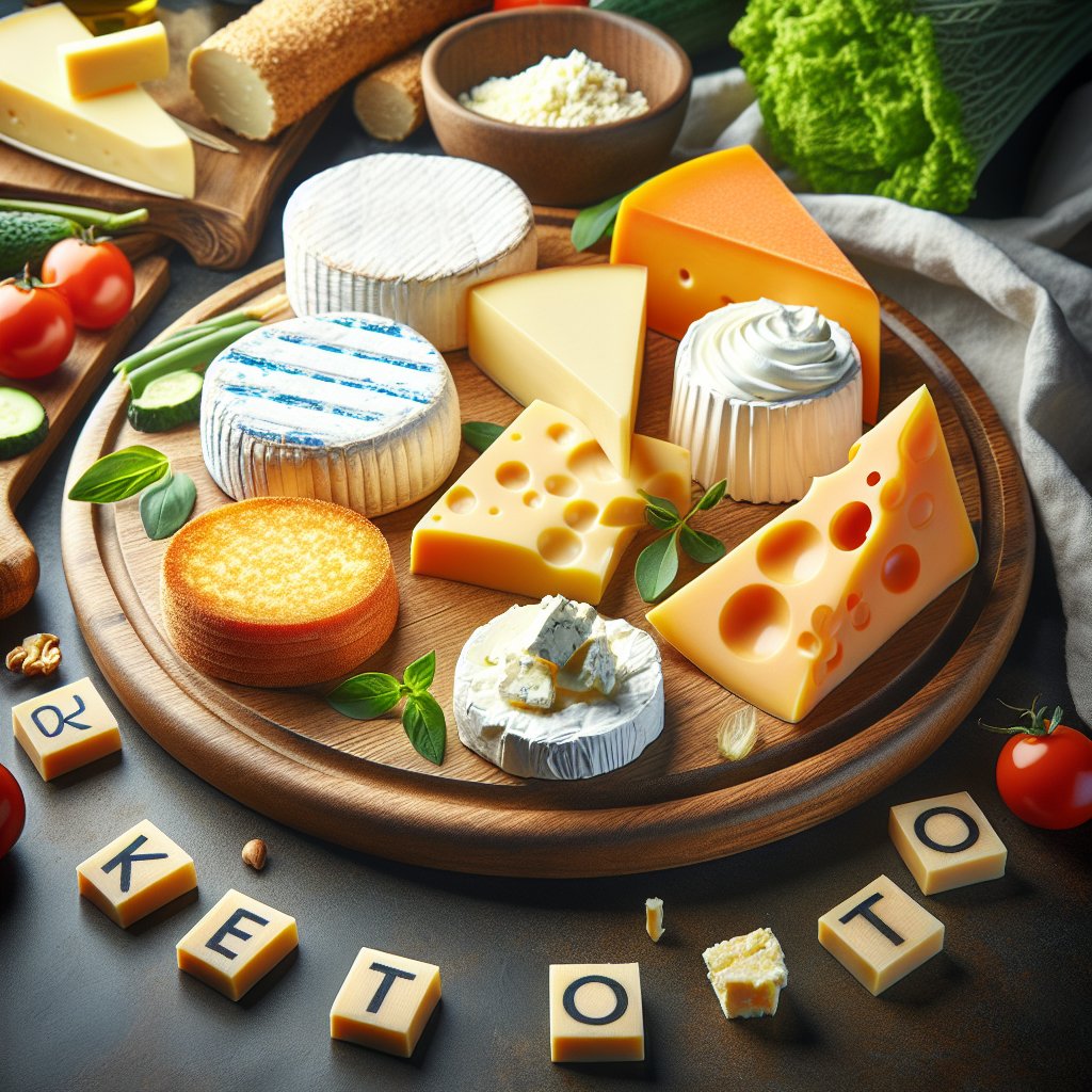 Variety of keto-friendly cheeses on a wooden board with low-carb vegetables and healthy fats in background