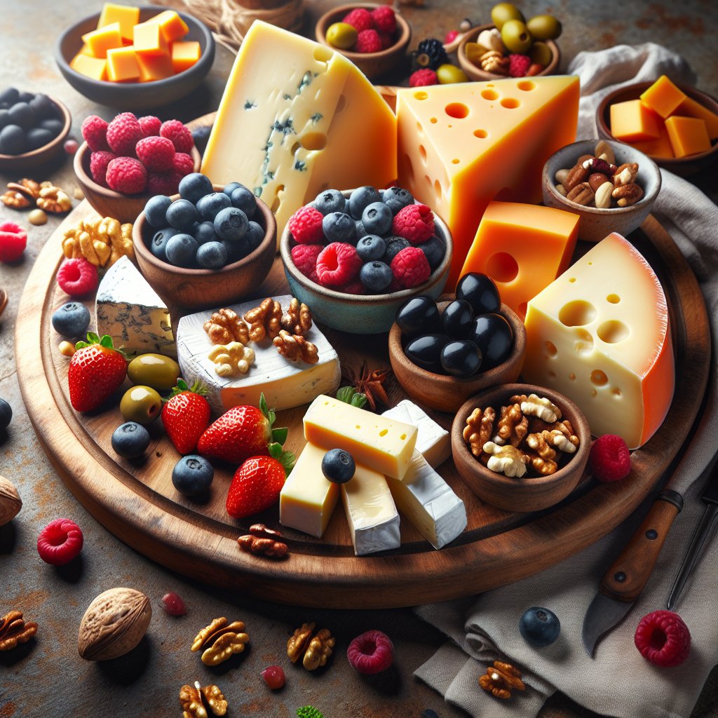 Assorted keto-friendly cheeses on wooden platter with berries, nuts, and olives