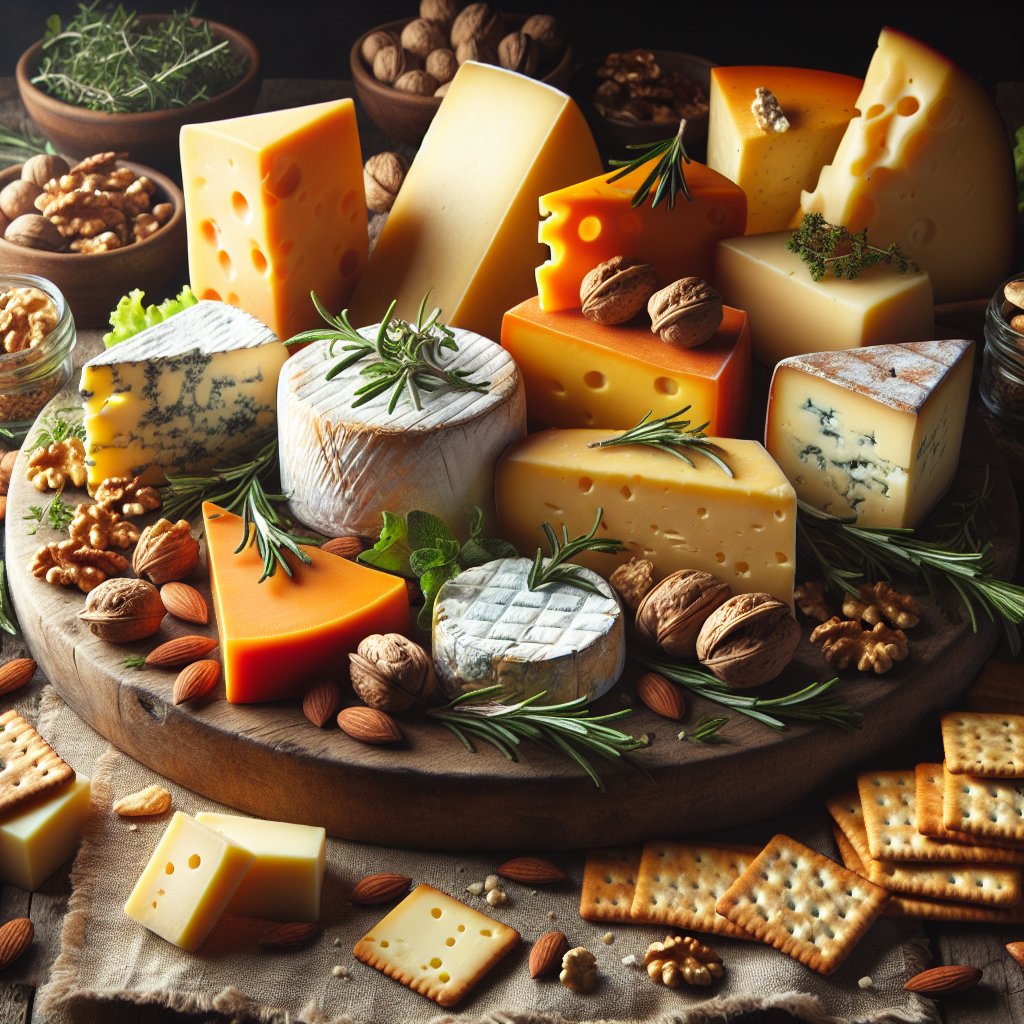 Assorted cheeses, herbs, nuts, and crackers on a wooden board