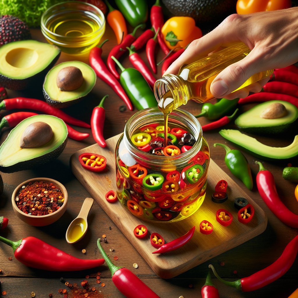 Assorted chili peppers and avocado oil being delicately combined in a glass jar for homemade keto-friendly chili oil.