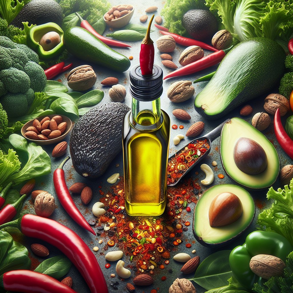 Vibrant chili oil bottle surrounded by keto-friendly ingredients like avocados, nuts, and leafy greens, representing the intersection of keto diet and chili oil trend