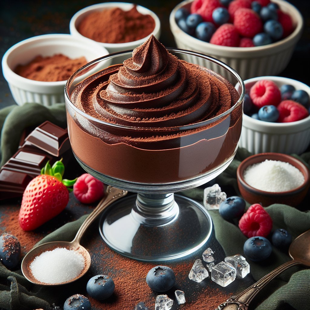 Decadent keto-friendly chocolate mousse with cocoa powder, garnished with whipped cream, berries, and erythritol