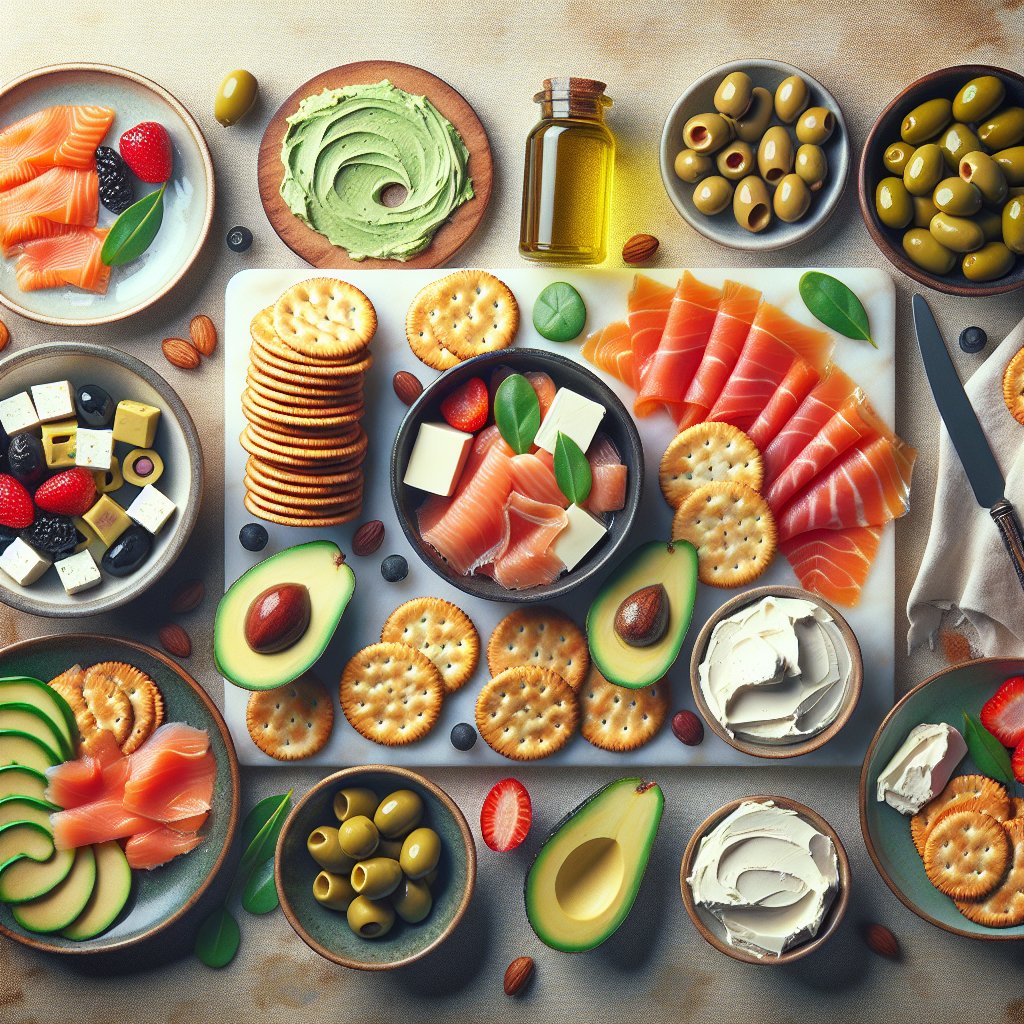 Vibrant keto-friendly snack spread featuring Ritz Crackers, avocado slices, smoked salmon, cream cheese, and olives