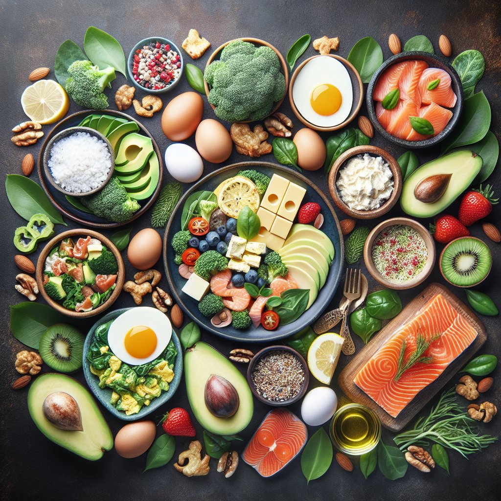 Spread of vibrant ketogenic dishes and ingredients with visually striking recipe overlays