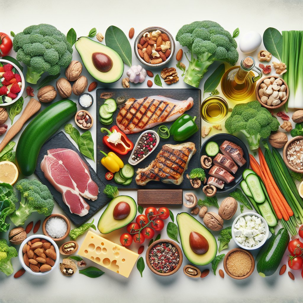 Assortment of ketogenic foods including fresh vegetables, high-quality proteins, healthy fats, and low-carb snack options arranged in an appealing display