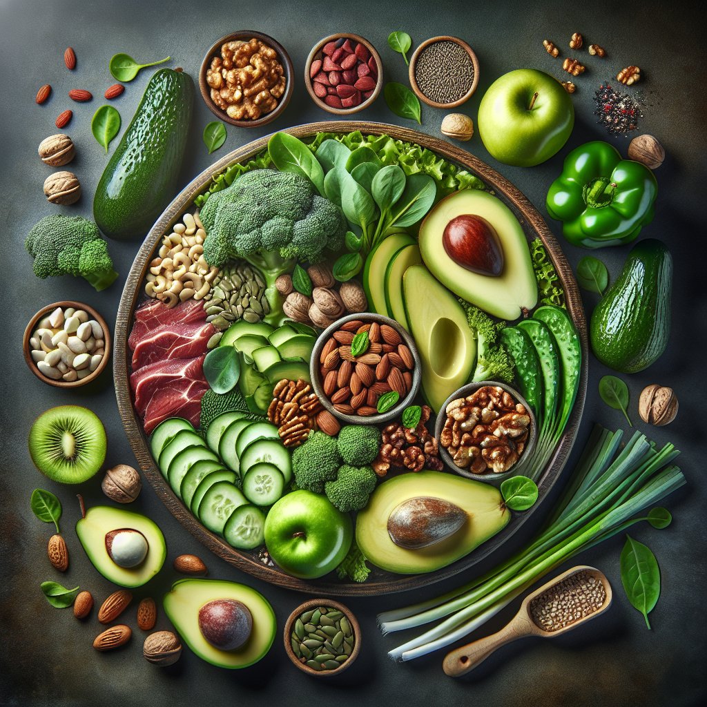 Colorful keto-friendly plate with avocados, nuts, seeds, greens, and lean meats