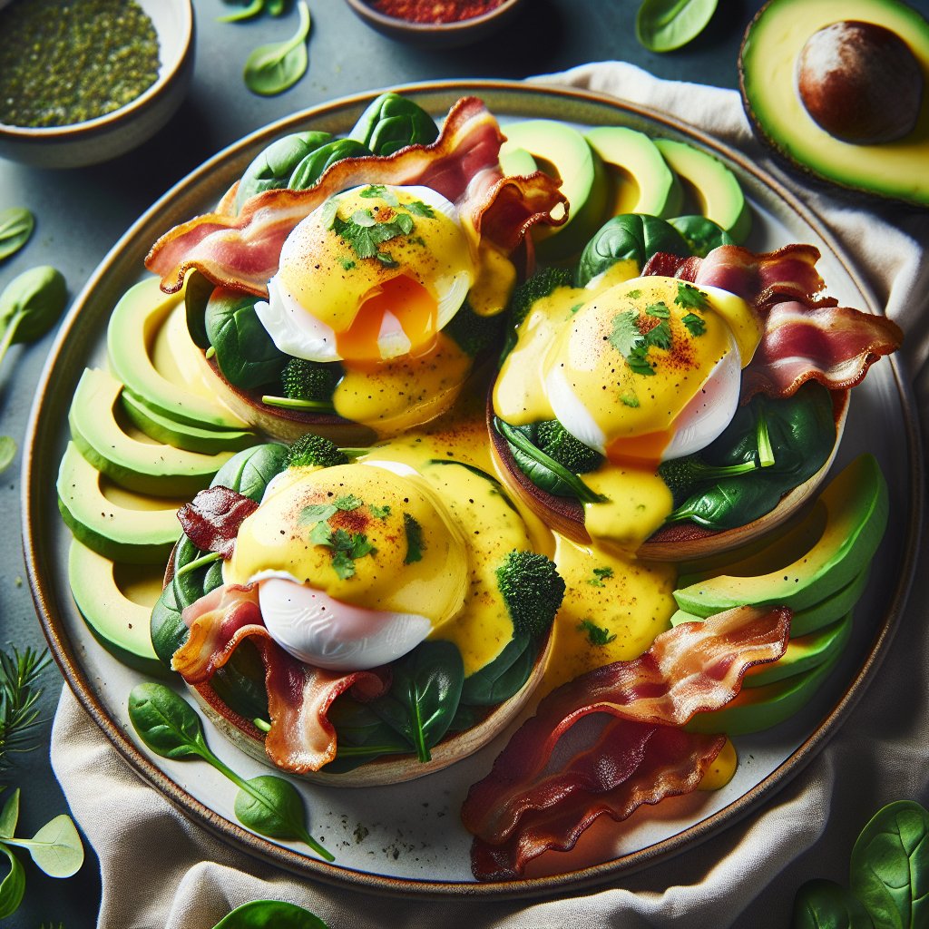 Poached eggs on spinach with hollandaise, bacon, avocado and herbs