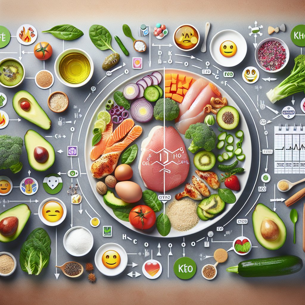 Balanced plate of keto-friendly foods representing low-carb, high-fat eating and metabolic process of ketosis.