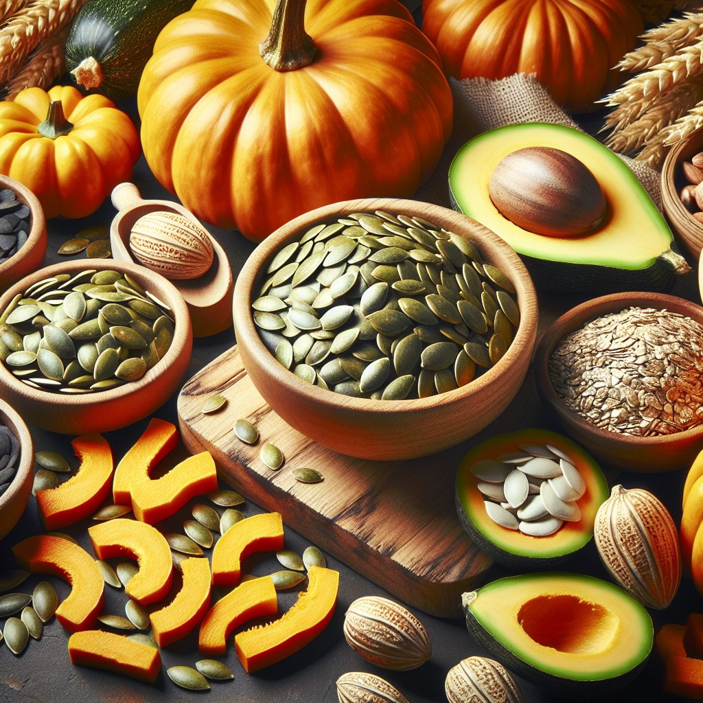 Vibrantly arranged ketogenic meal featuring rich, high-fat foods and a prominent display of pumpkin seeds.