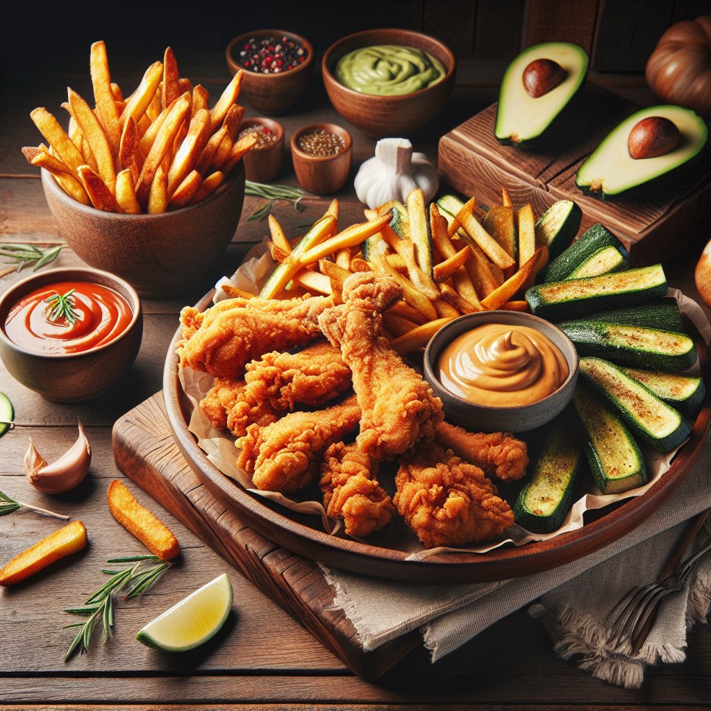 Mouth-watering keto-friendly fried chicken, zucchini fries, and avocado fries on a rustic serving board with keto-friendly dipping sauces, warm lighting, and cozy ambience.