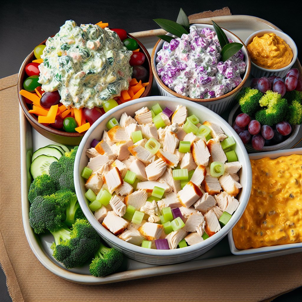 Vibrant platter showcasing Classic Carol chicken salad, Pimento Cheese, broccoli salad, and grape salad for a keto-friendly diet.