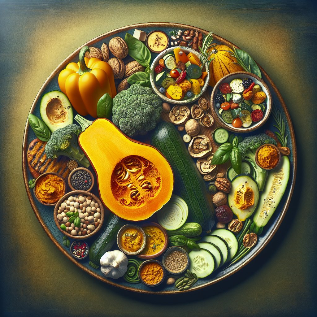 Beautifully arranged dinner plate with kabocha squash recipe as the centerpiece