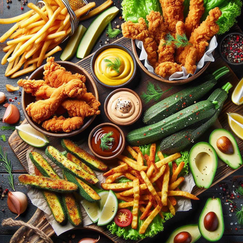 Mouthwatering platter of crispy chicken tenders, zucchini and avocado fries on a wooden board with lettuce leaves and dipping sauces