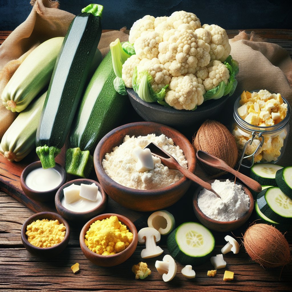 Vibrant keto-friendly ingredients including cauliflower, zucchini, and coconut flour artfully arranged on a rustic wooden table.