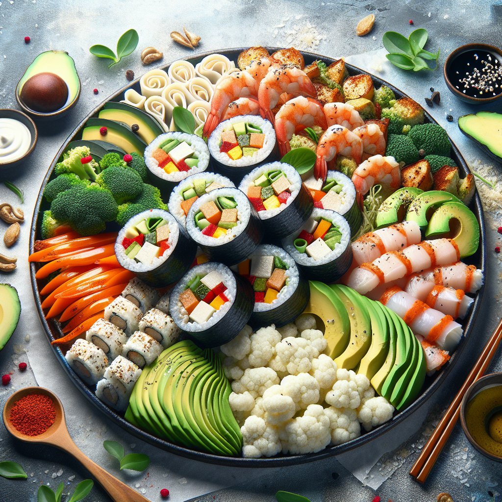 Vibrant platter of keto kimbap rolls with cauliflower rice, avocado, and various protein sources