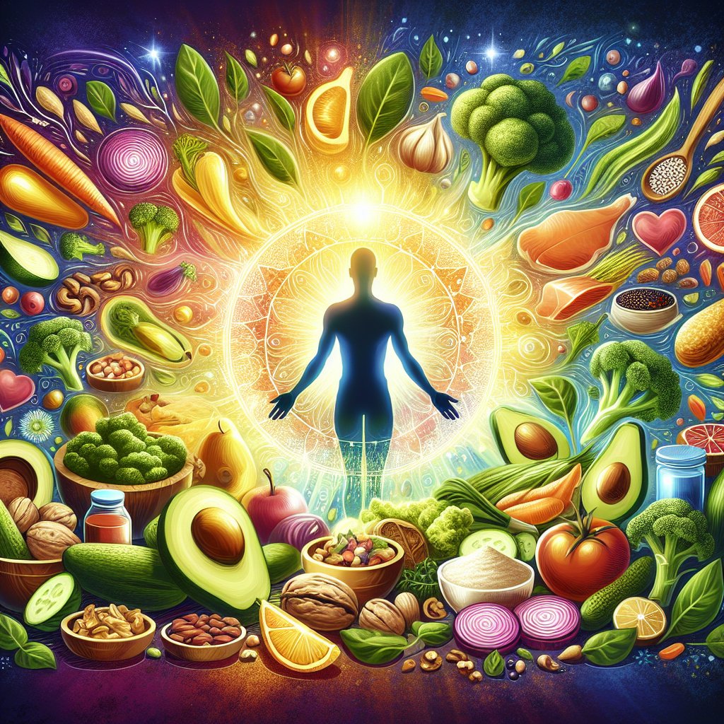 Vibrant illustration of ketogenic-friendly foods surrounding a glowing figure, representing improved health and lifestyle.