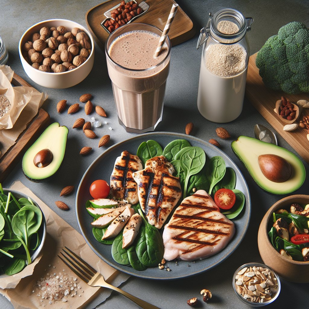 A visually appealing and well-balanced keto meal plan featuring a protein shake surrounded by low-carb, high-protein foods such as avocado, spinach, grilled chicken, nuts, and seeds.