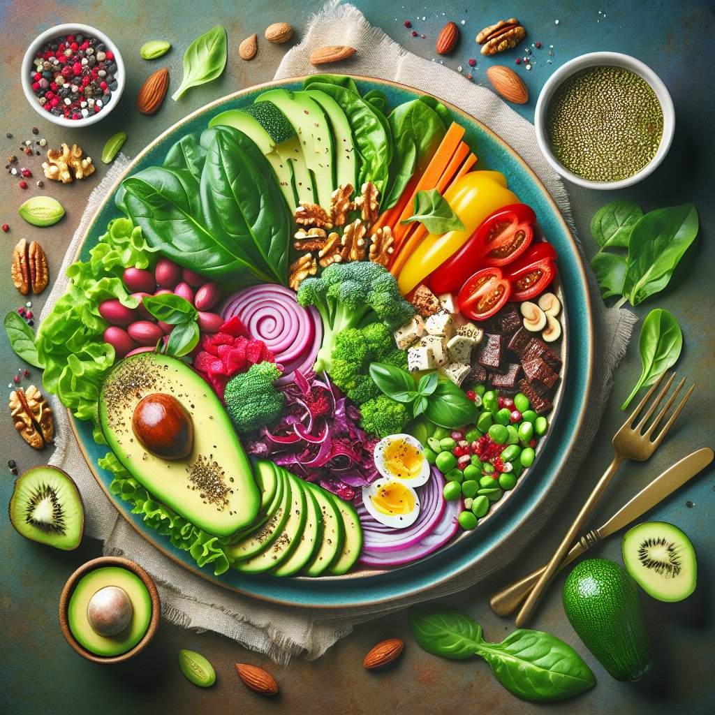 Colorful keto-friendly plate with avocado, leafy greens, nuts, and lean protein