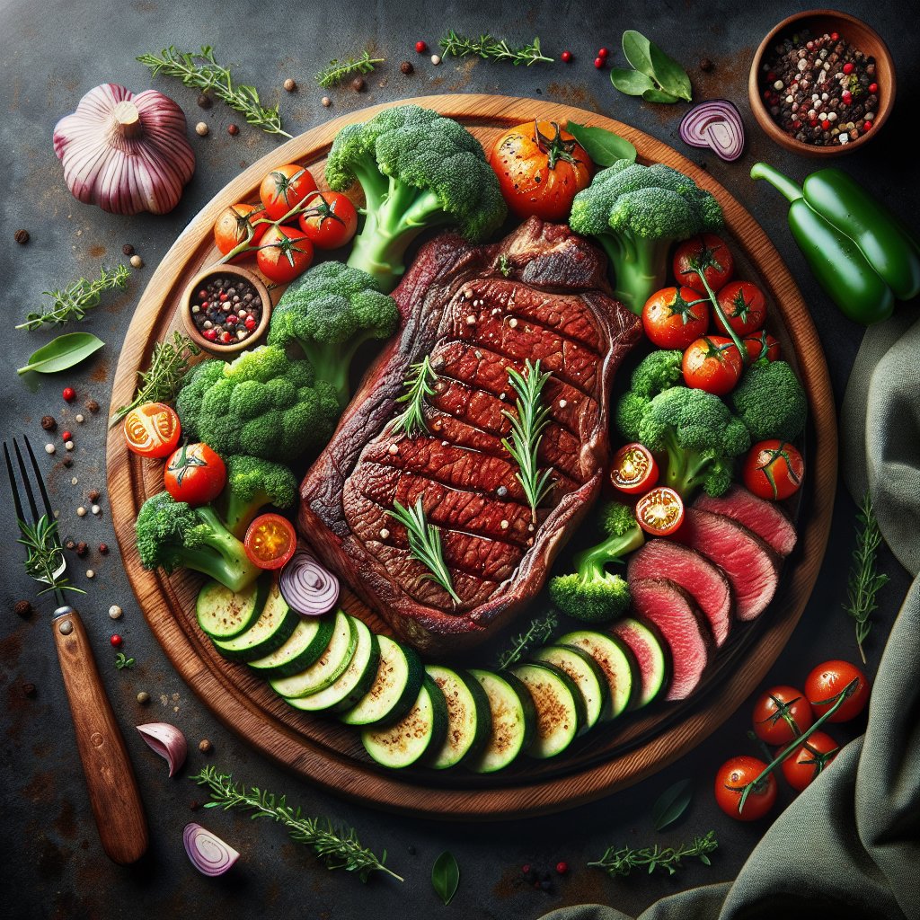Mouth-watering ketogenic meal with succulent red meat and low-carb vegetables