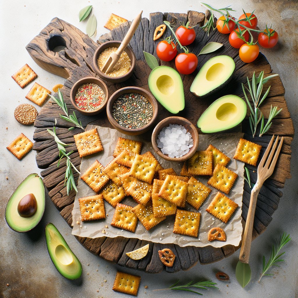 Artfully arranged keto Ritz crackers on a rustic wooden board surrounded by vibrant, keto-friendly ingredients