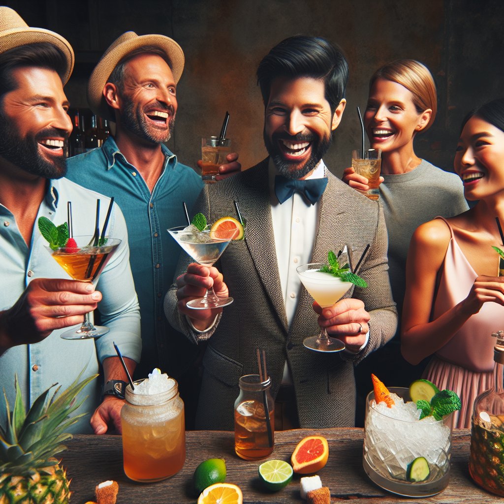 A group of people enjoying stylish and sophisticated low-carb rum cocktails in a vibrant social setting, reflecting the rising trend of low-carb cocktails within the context of the popular keto diet.