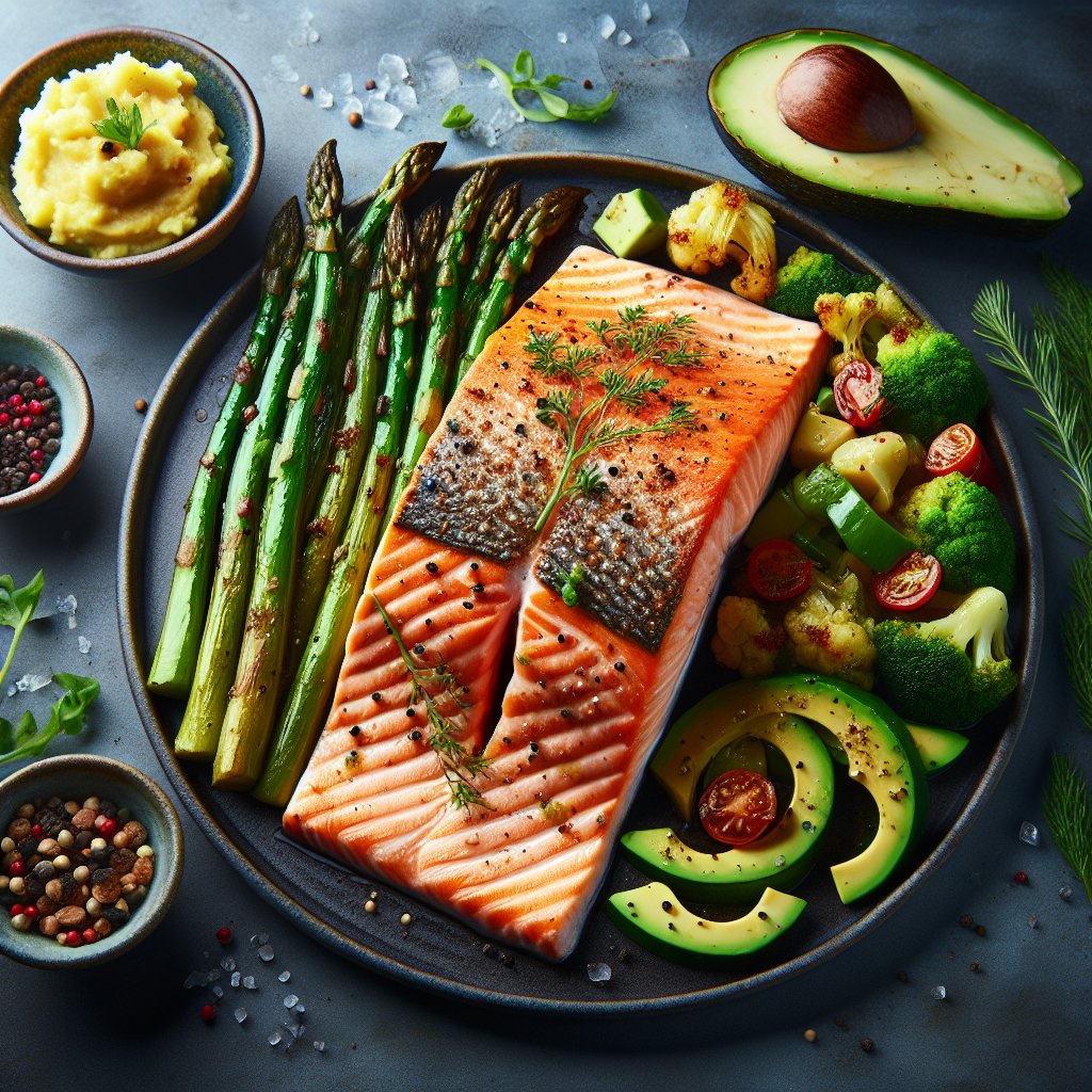 Seared salmon fillet with low-carb sides including roasted asparagus, cauliflower mash, and avocado salad