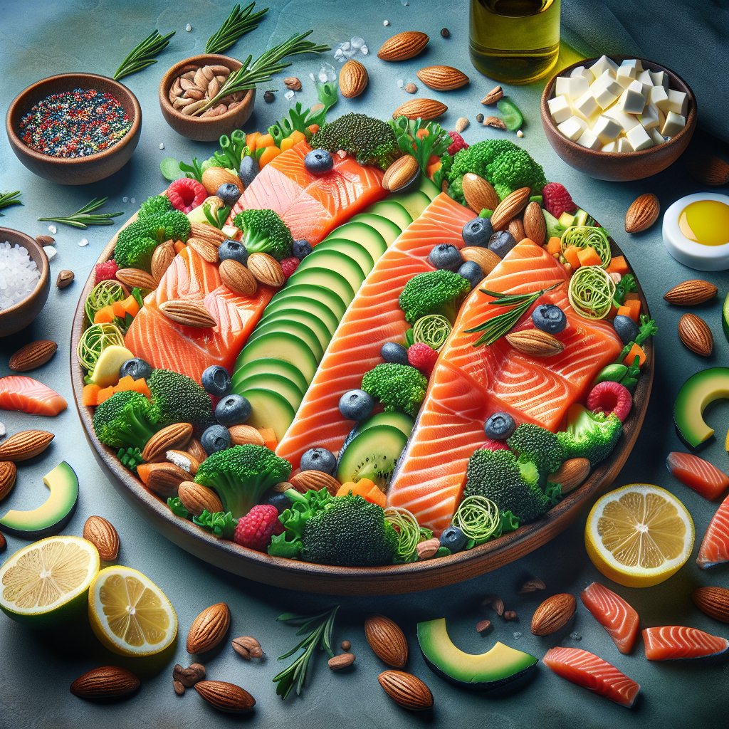 Colorful keto salmon side dish with vibrant, fresh ingredients, highlighting omega-3 fatty acids and protein.
