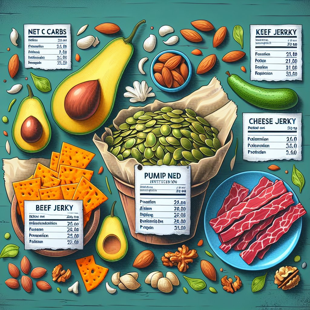 Colorful assortment of keto-friendly snacks including pumpkin seeds, almonds, cheese crisps, and beef jerky with nutritional content labels and background featuring vibrant green leafy vegetables and avocados.