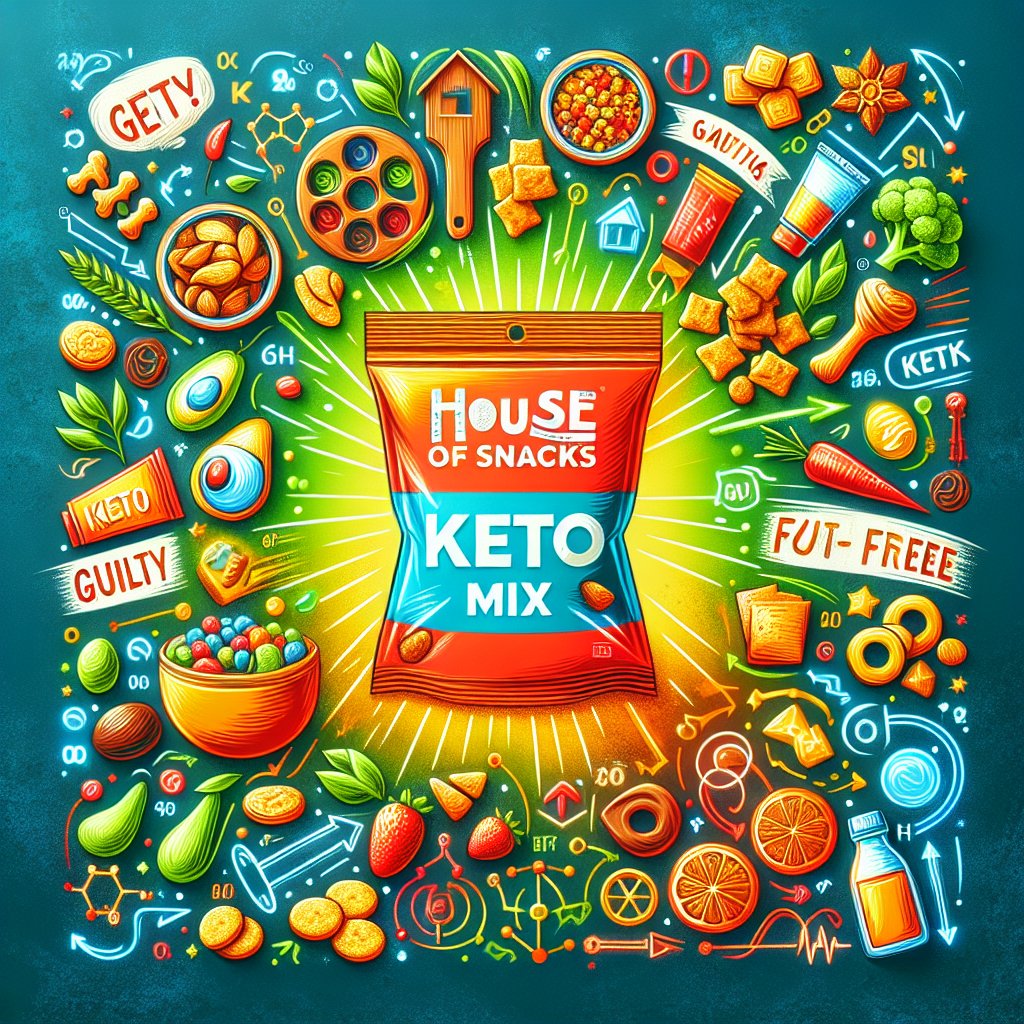 Vibrant assortment of keto-friendly ingredients arranged to showcase the 'House of Snacks Keto Mix', a game-changing snack option for keto enthusiasts, exuding energy, health, and empowerment.