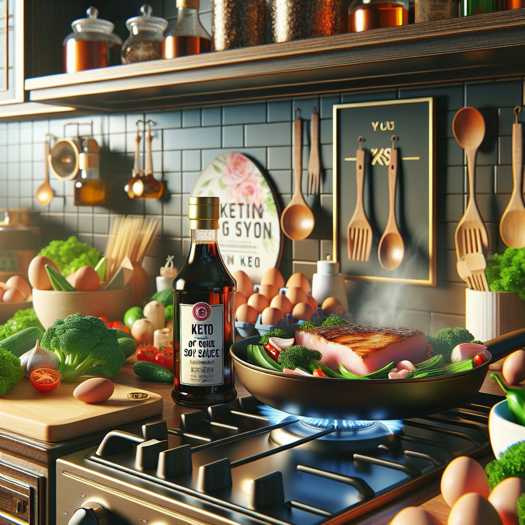 Assorted ingredients with soy sauce bottle and keto dish being prepared in a vibrant kitchen scene.