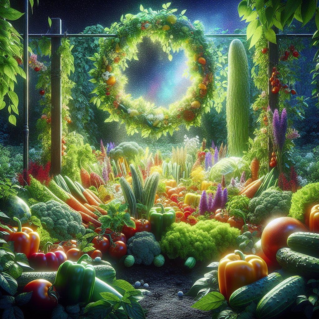 Vibrant, colorful vegetable garden showcasing low-carb vegetables such as leafy greens, bell peppers, cucumbers, and tomatoes for ketogenic diet.