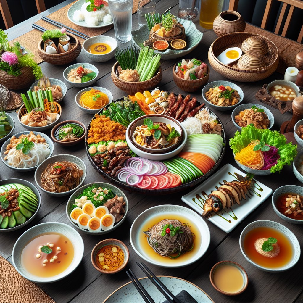 Colorful and appetizing keto-friendly Vietnamese spread featuring traditional dishes with vibrant textures and authentic flavors.