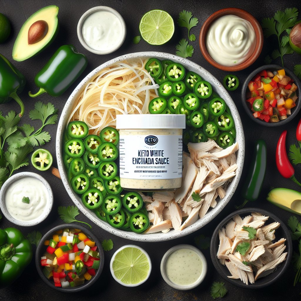 Keto white enchilada sauce with customizable ingredients including jalapenos, cilantro, lime, shredded chicken, sautéed mushrooms, bell peppers, and avocado slices, exuding freshness and creativity.