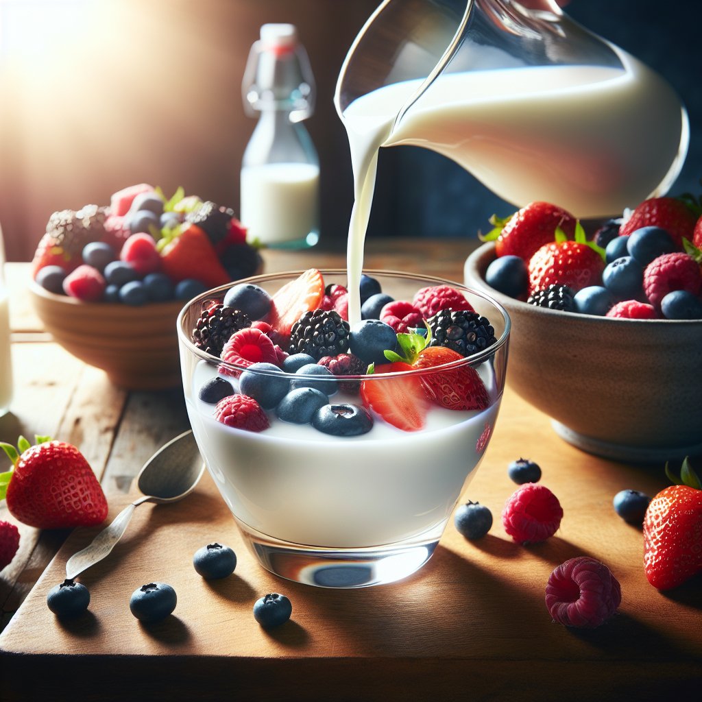 Refreshing low-fat milk poured over a bowl of mixed berries