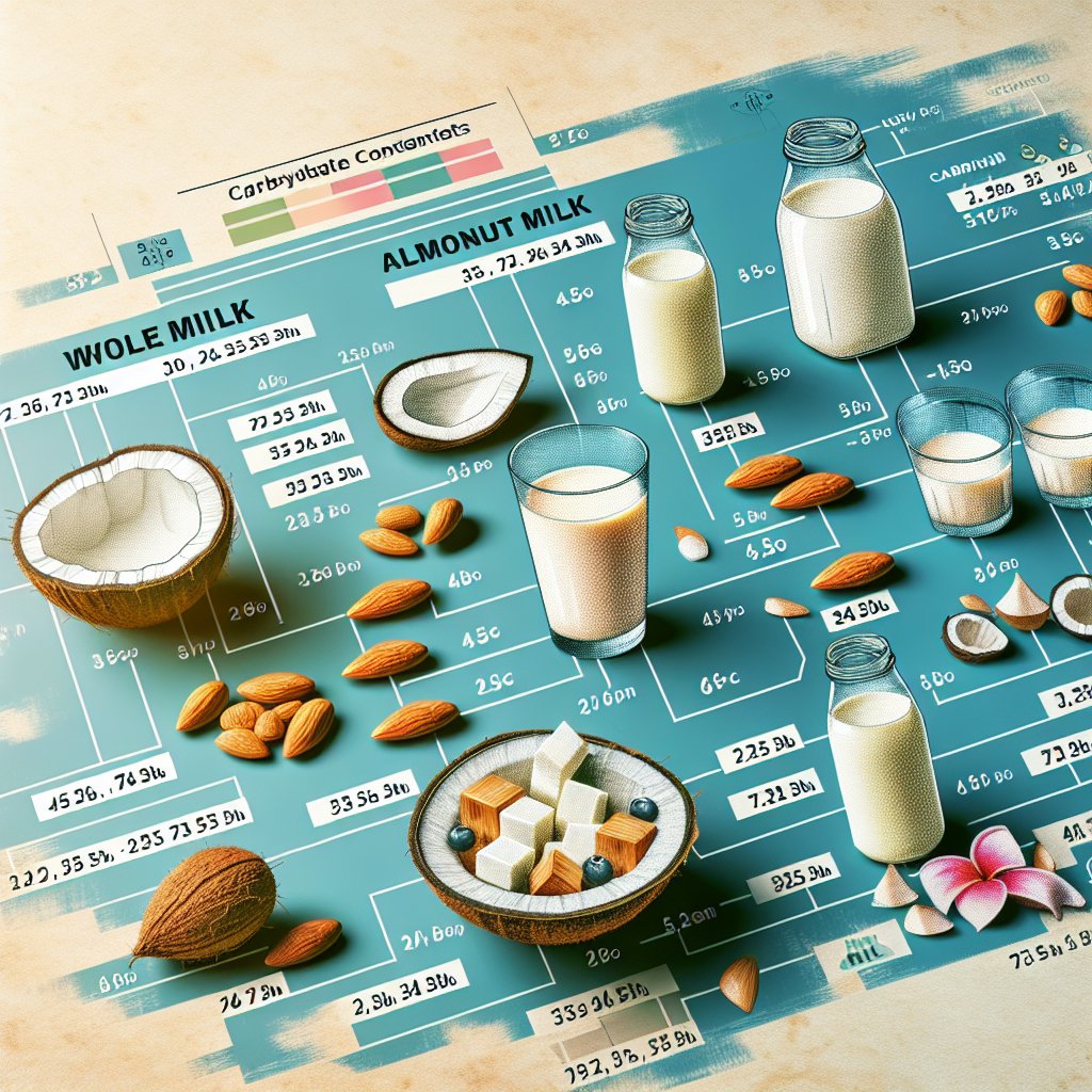 Visual comparison of carbohydrate content in whole milk, skim milk, almond milk, and coconut milk for ketogenic diet impact