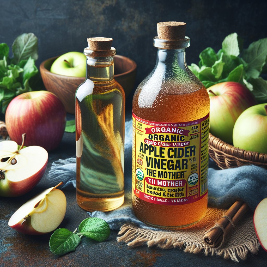 Bottle of organic apple cider vinegar with 'the mother' and fresh apples in the background, promoting synergy with the keto diet