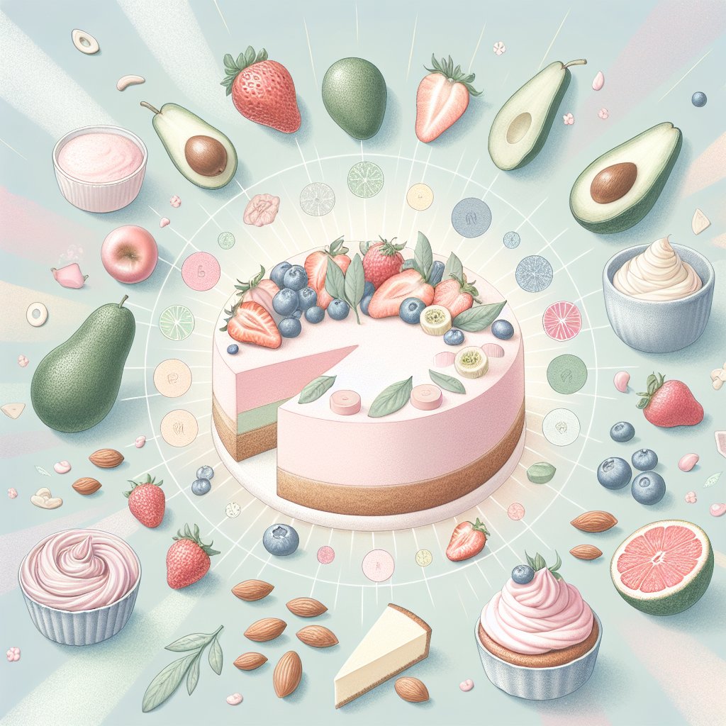 Assorted pastel-colored keto desserts and fruits on a soft pastel background