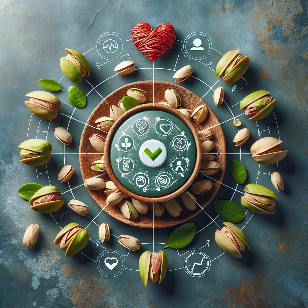 Vibrant pistachios displayed with heart and scale icons representing health benefits