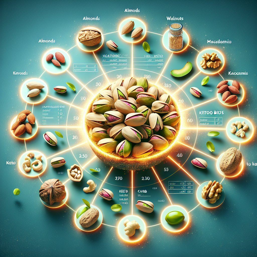 A vibrant comparison scene showcasing pistachios as the central focus, surrounded by a variety of other nuts commonly consumed on a keto diet, with nutritional labels and scale representations for comparative carb content.