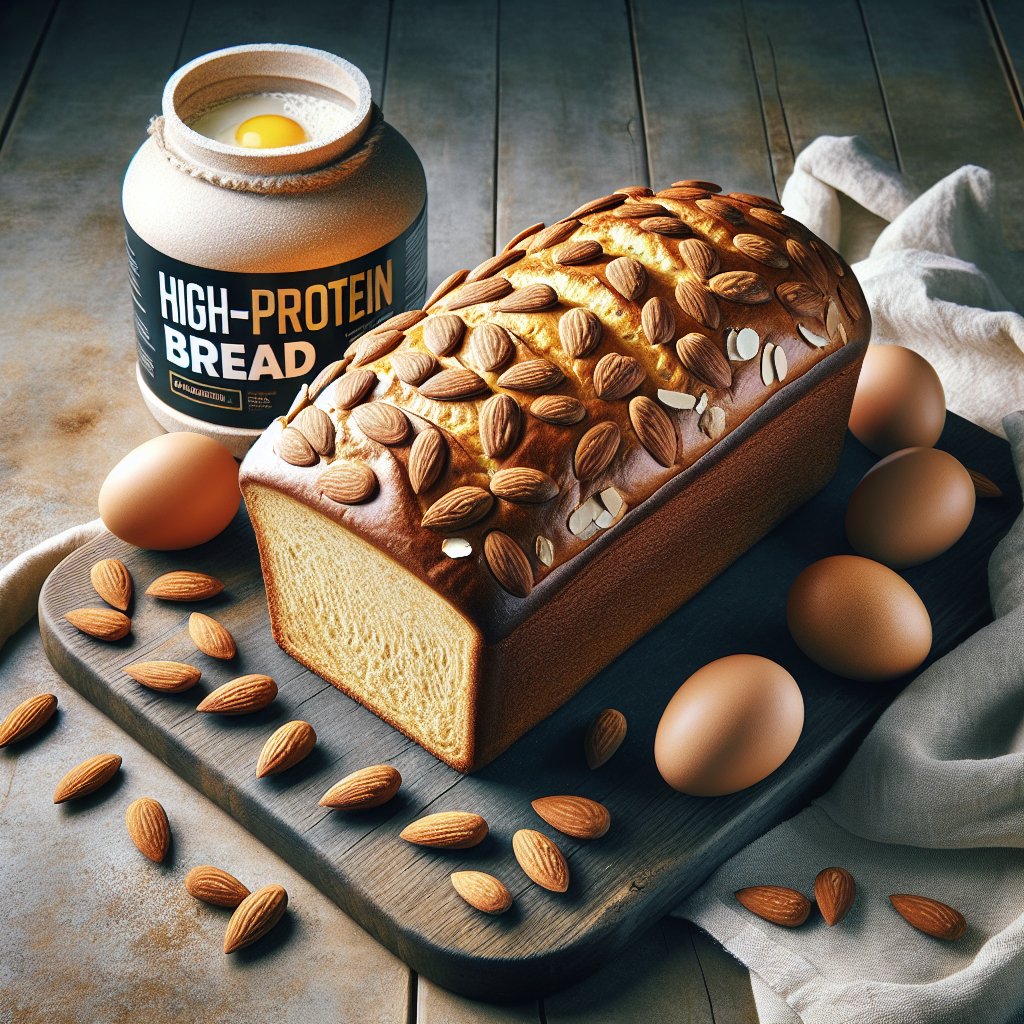 Freshly baked keto bread topped with almonds, eggs, and protein powder, exuding warmth and wholesome goodness.