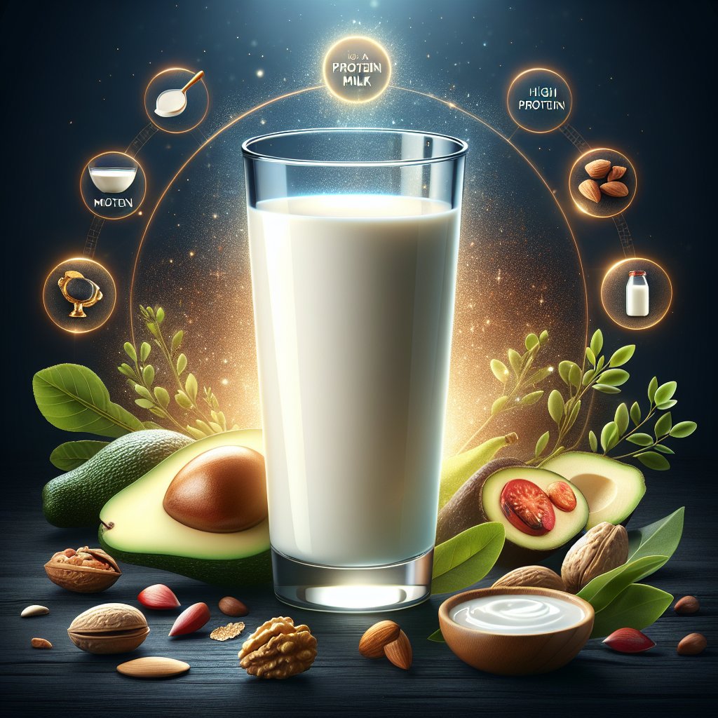 Creamy milk in a tall glass with a golden halo, surrounded by keto-friendly foods, emphasizing its protein content as a muscle-building powerhouse on a ketogenic diet.